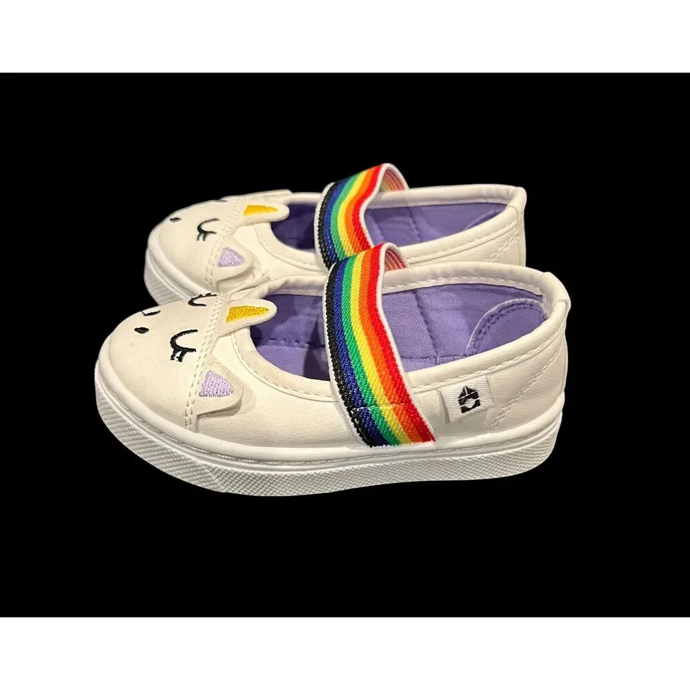 OOMPHIES Toddler Girl Slip On Mary Jane Unicorn Shoes Rainbow Strap Sz 5